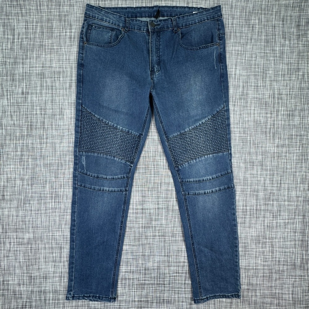 Young & Reckless Mens Jeans Moto Biker Slim Blue Size 38 Distressed Ribbed Denim